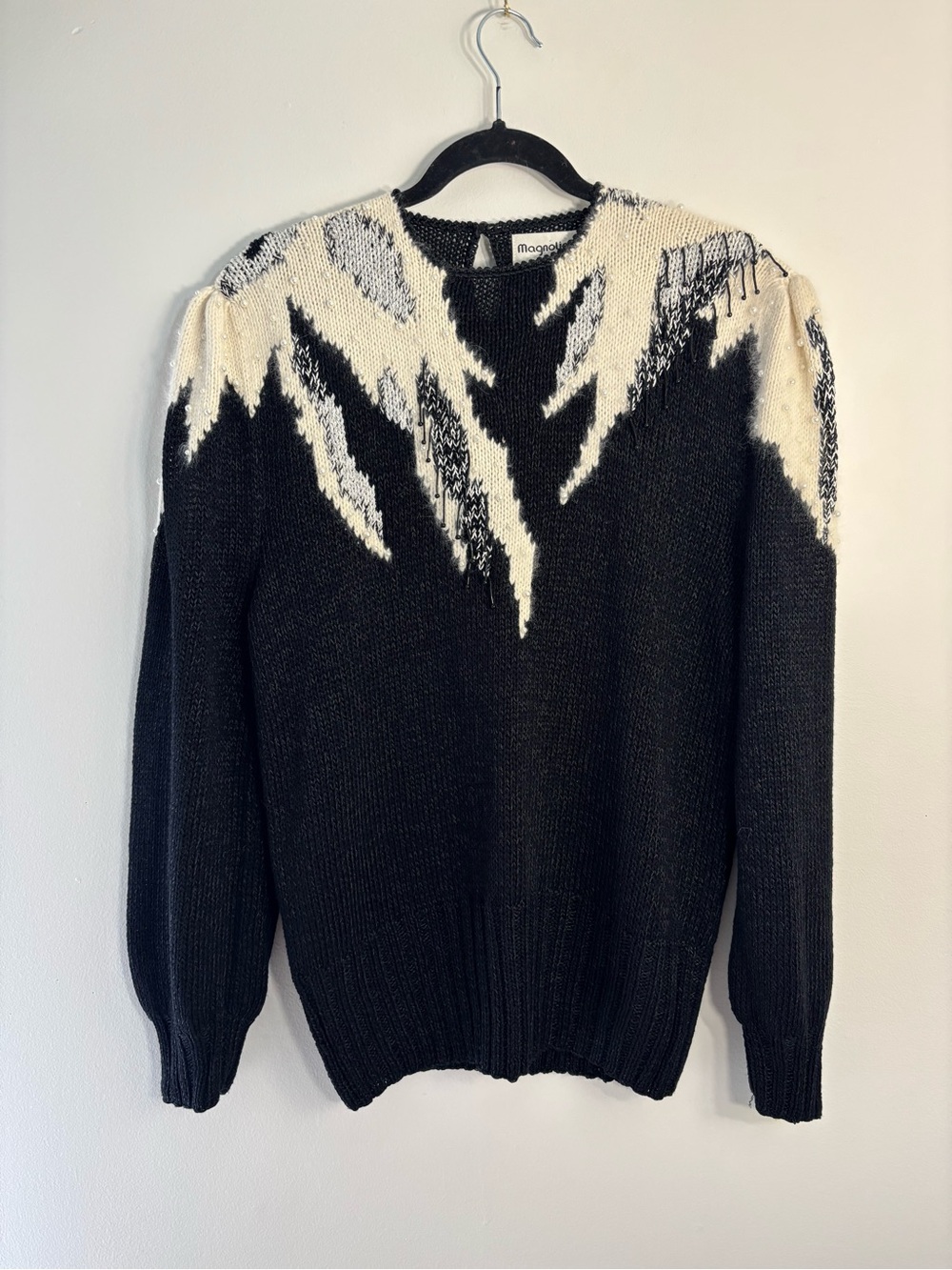Vintage Magnolia Black, Cream & Silver Knit Beaded Crewneck Sweater